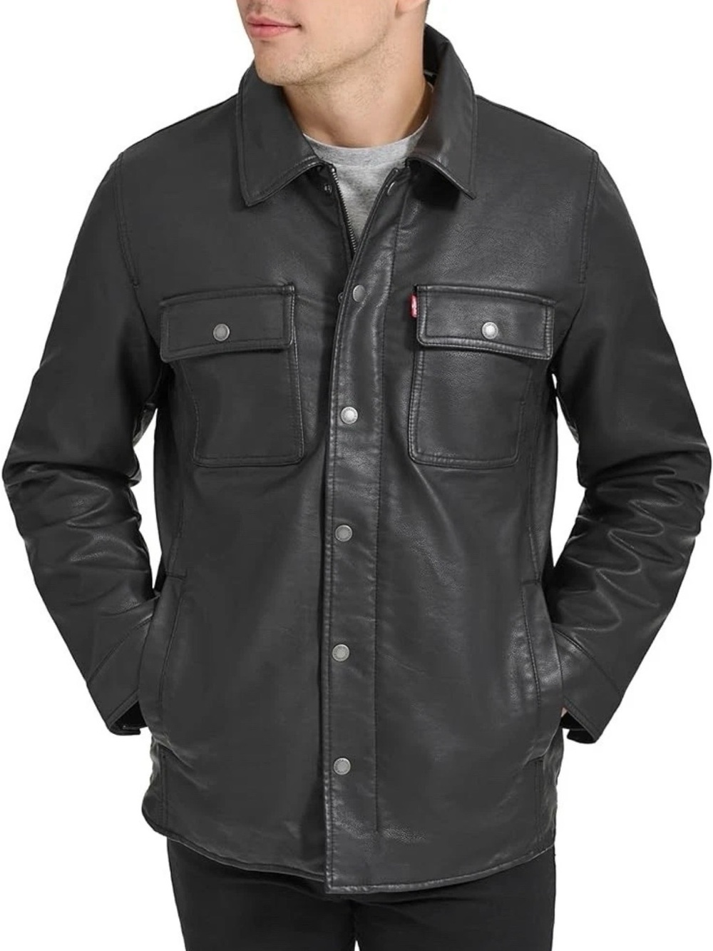 Levi’s Men’s Black Faux Leather Classic Trucker Jacket Red Tab Sherpa Lined Med